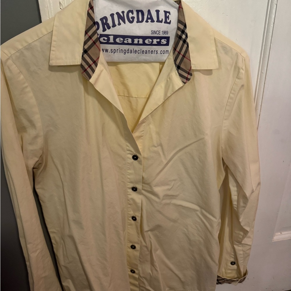 Burberry Light Yellow Button Down Shirt with Checkered Collar